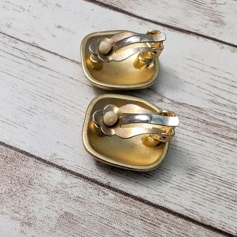 Vintage Clip On Earrings Rounded Square Irregular Gold Tone - Fair Condition